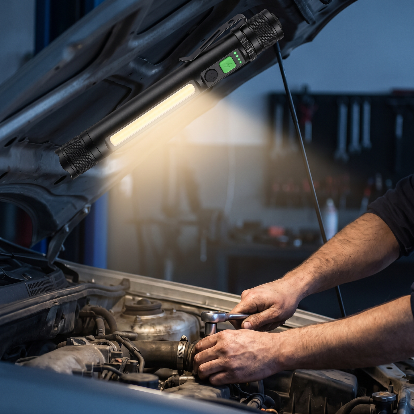 Kelvo werklamp hangt met de magneet onder een open motorkap en verlicht het werk, twee handen vrij