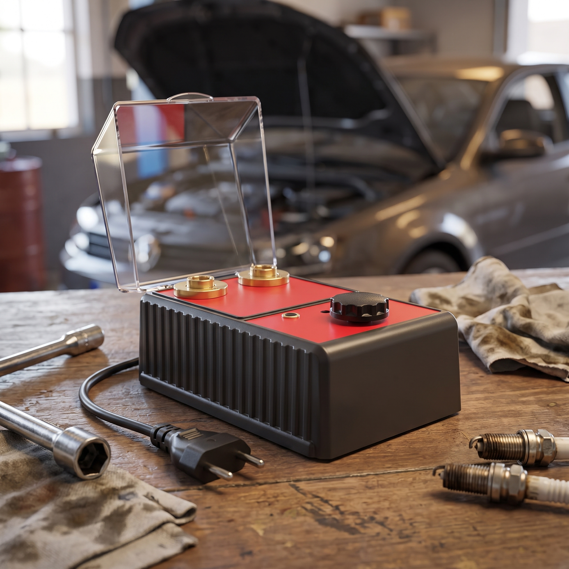 Ignivo bougietester op de werkbank in de garage, met de auto met open motorkap erachter