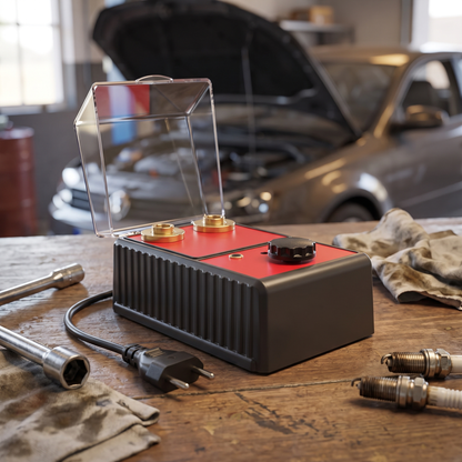 Ignivo bougietester op de werkbank in de garage, met de auto met open motorkap erachter