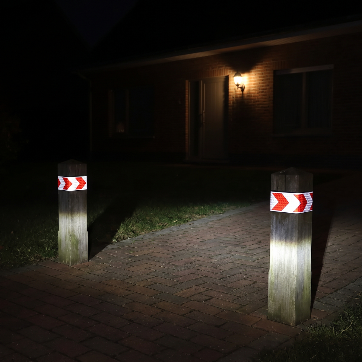 Pharo pijltape op de paaltjes van een oprit, fel rood en wit in de koplampen