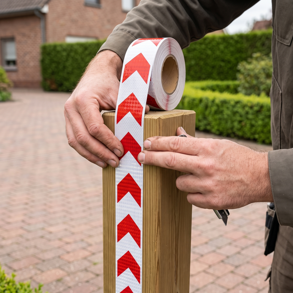 Handen drukken de rood-witte pijltape stevig aan op een houten oprit-paal