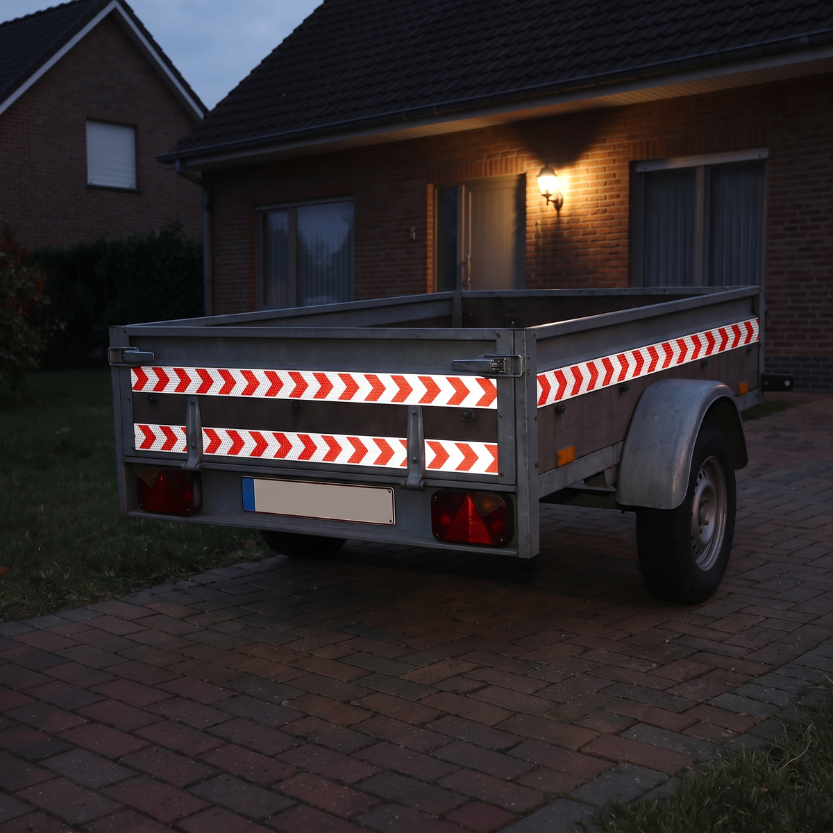 Aanhanger op de oprit met rood-witte pijltape langs de rand, naast de gewone verlichting