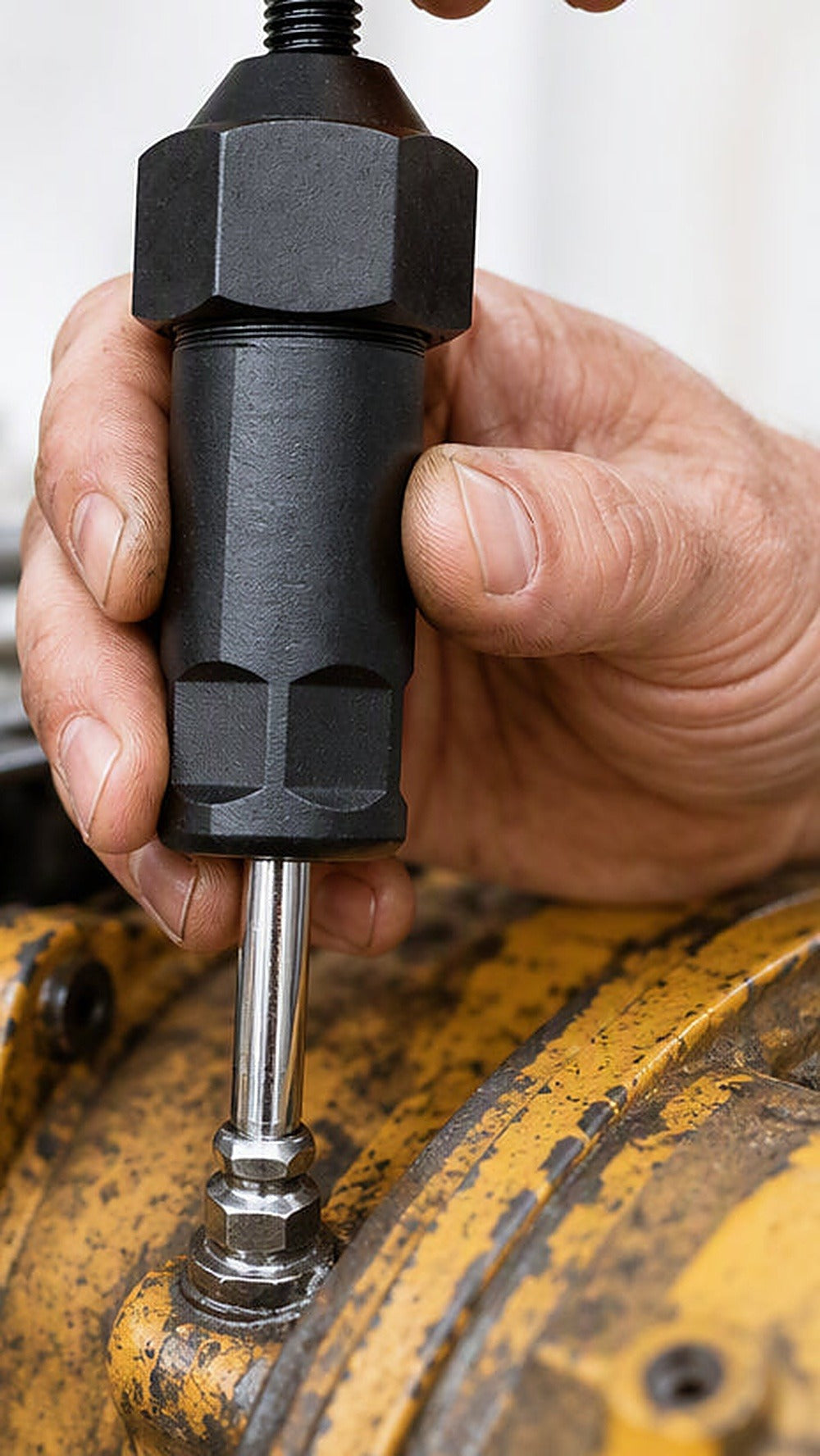 Hand met de Kravo op een smeernippel van een machine