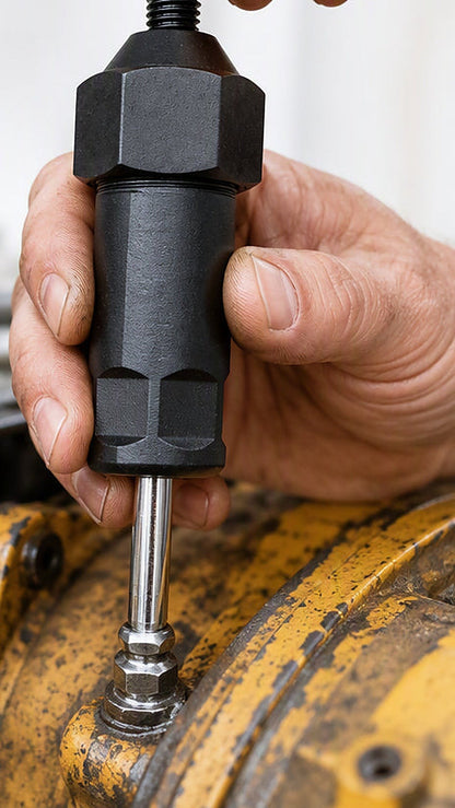 Hand met de Kravo op een smeernippel van een machine