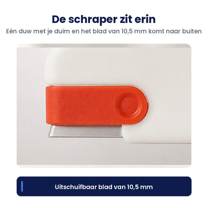 De oranje schuif duwt het blad van 10,5 mm uit de zijkant van de Kreva borstel