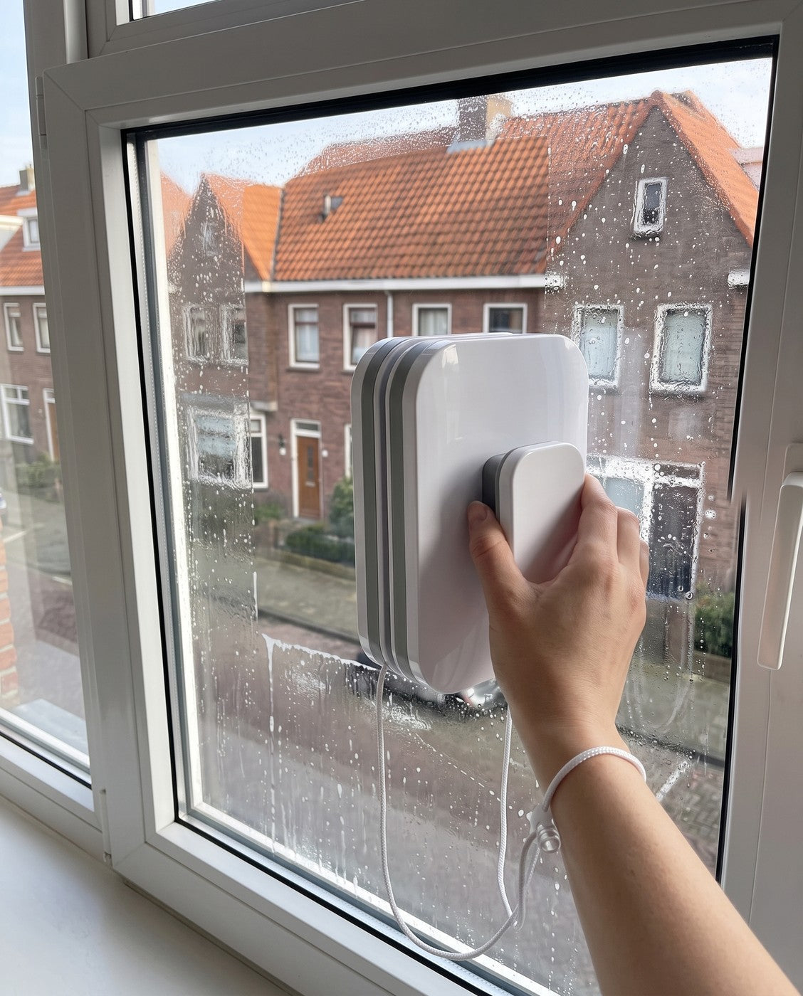 Magnar in gebruik aan het raam, koord om de pols, de buitenhelft trekt een schone baan