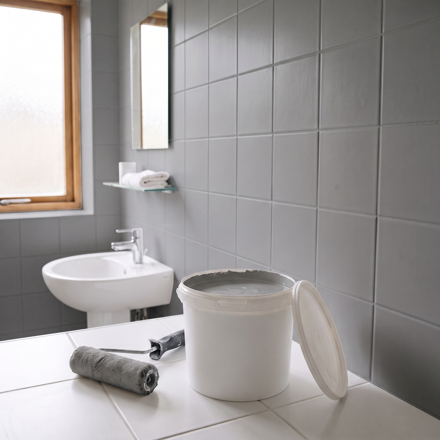 Nouve tegelverf grijs - badkamer met grijs geverfde tegels