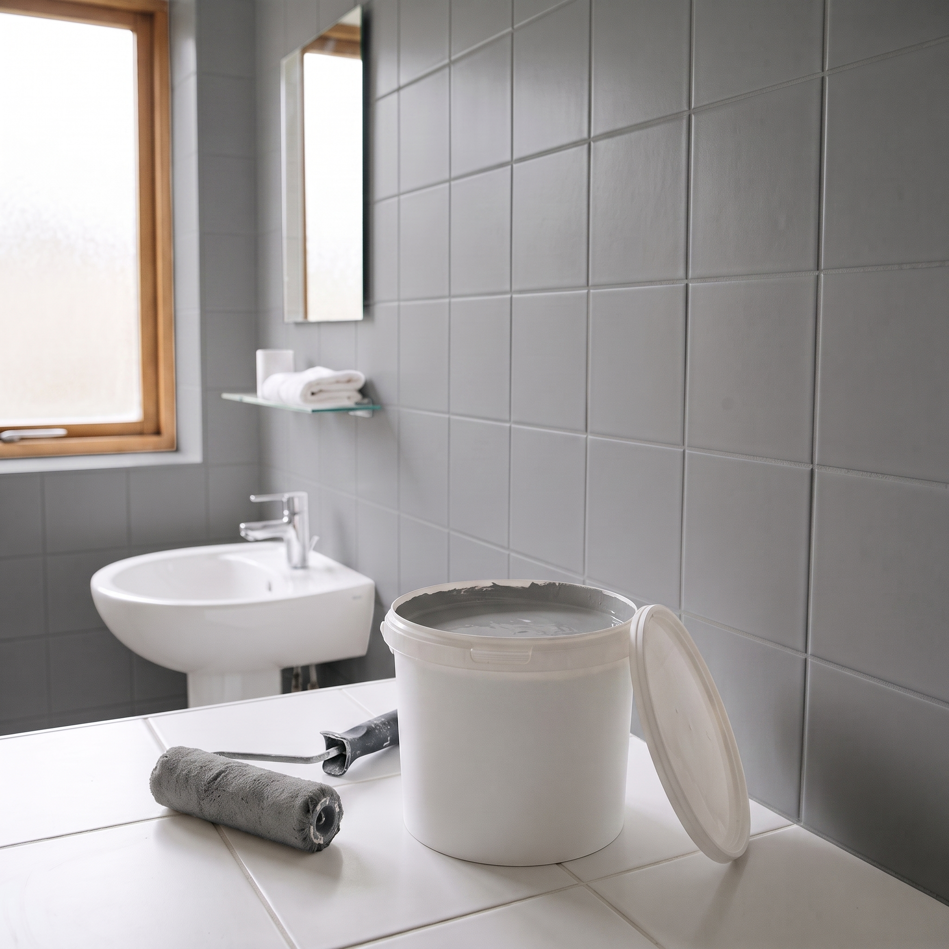 Nouve tegelverf grijs - badkamer met grijs geverfde tegels