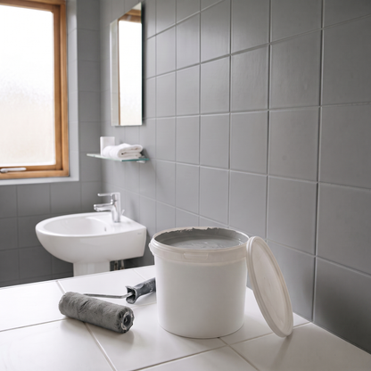 Nouve tegelverf grijs - badkamer met grijs geverfde tegels
