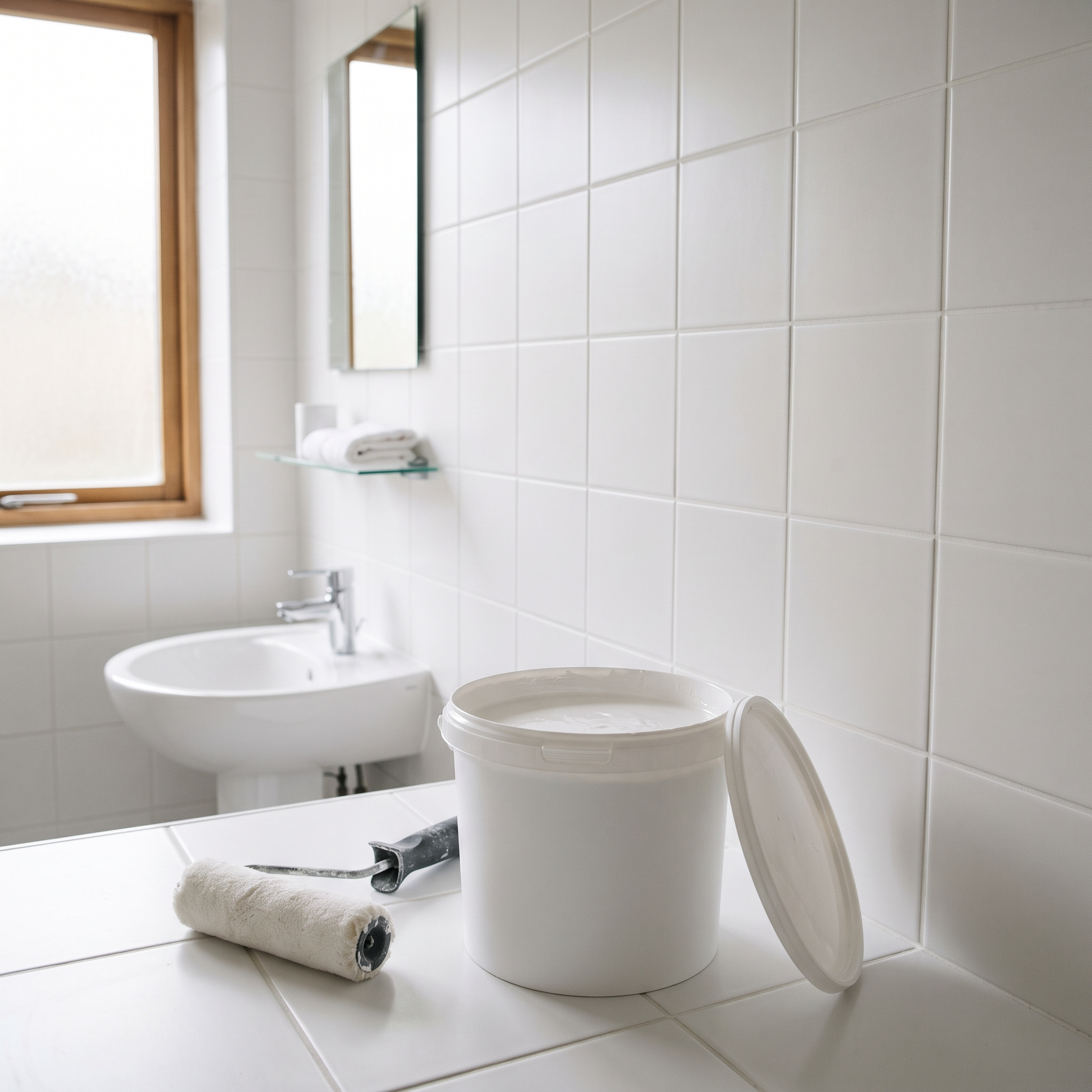 Nouve tegelverf wit - badkamer met wit geverfde tegels