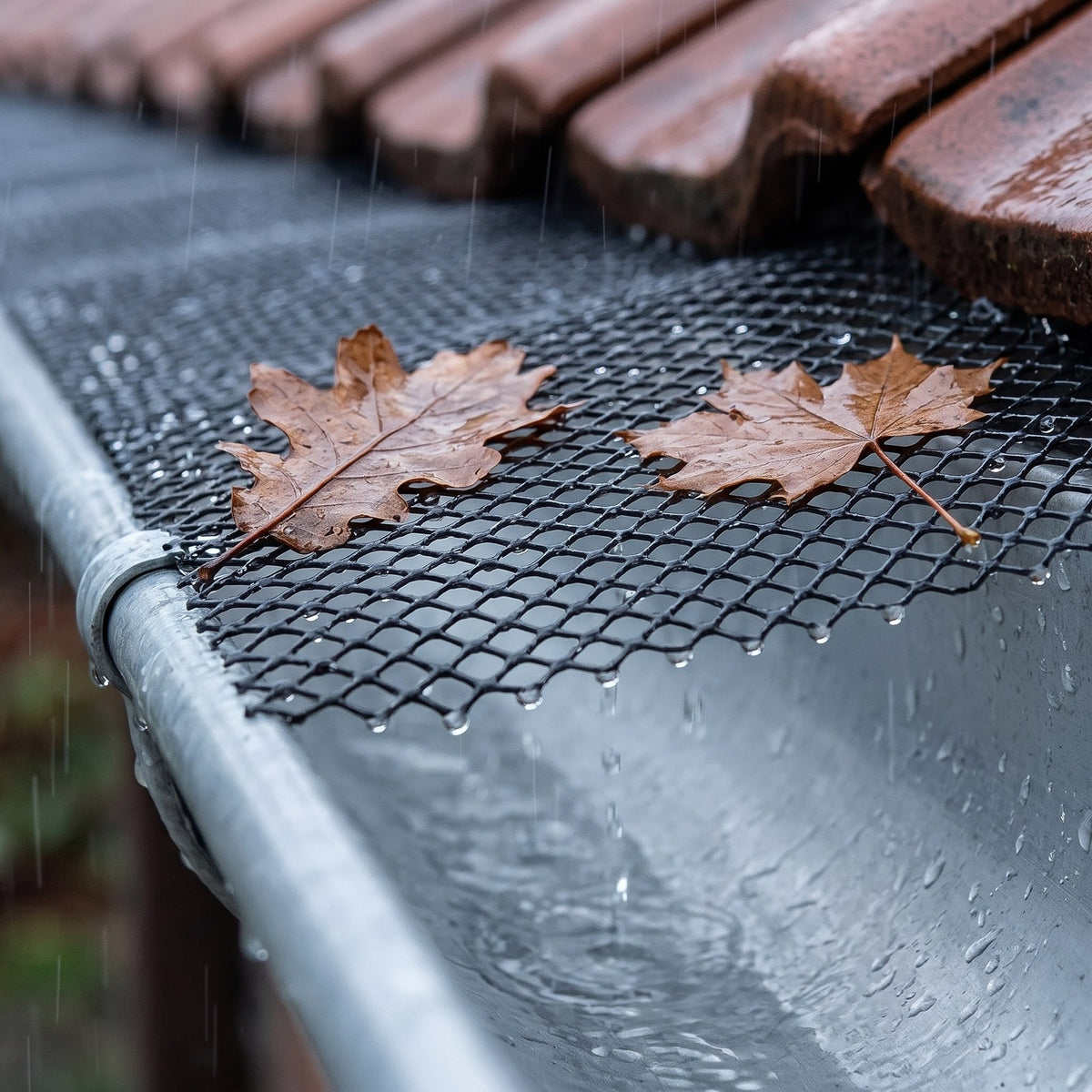 Blad blijft bovenop het Riparo net, regen loopt erdoor