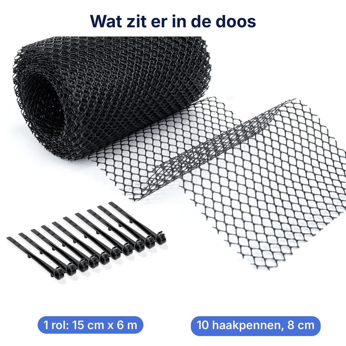 In de doos: 1 rol 15 cm x 6 m en 10 haakpennen
