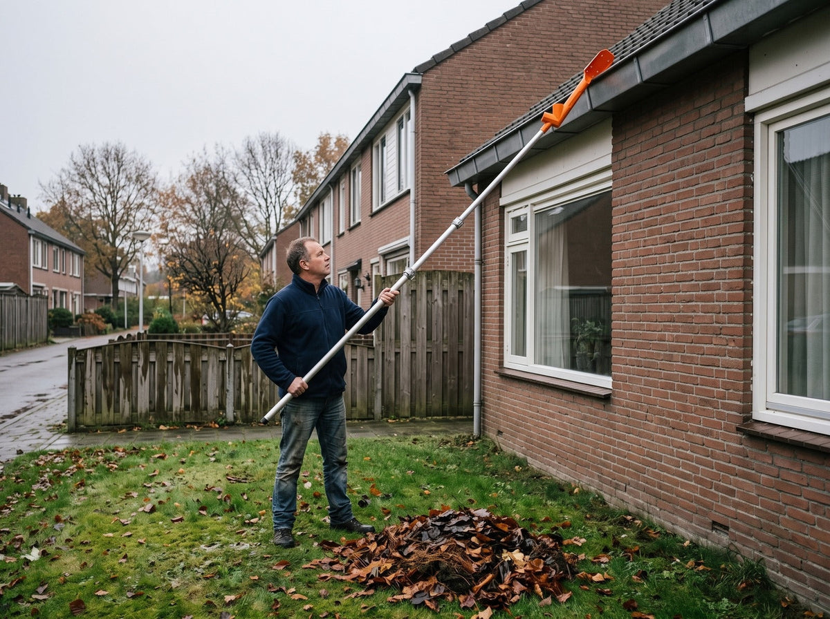 Man met beide voeten op het gras, de goot leeg en de kluit blad op het gazon