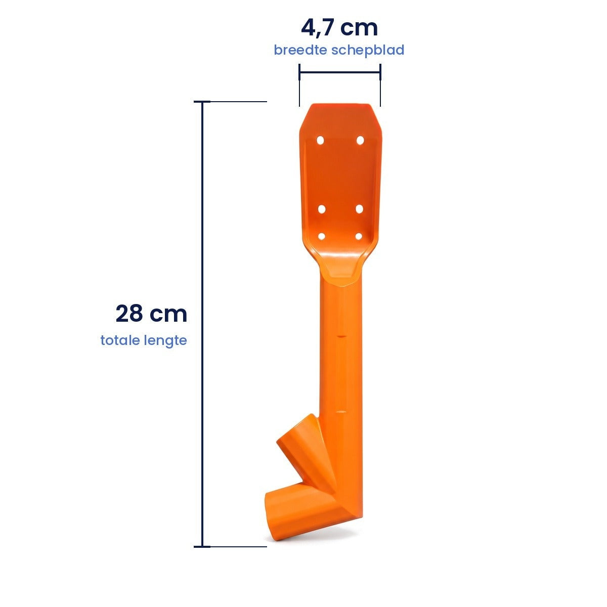Maatbeeld: de kop is 28 cm lang en het schepblad 4,7 cm breed