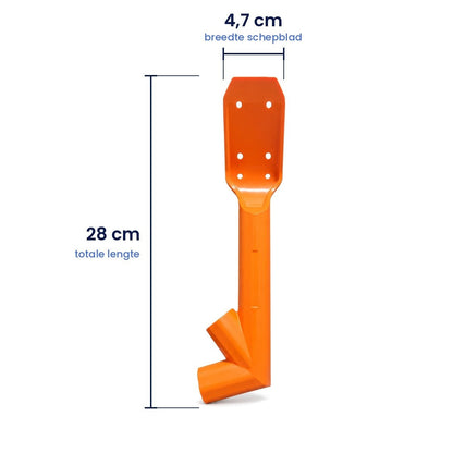 Maatbeeld: de kop is 28 cm lang en het schepblad 4,7 cm breed