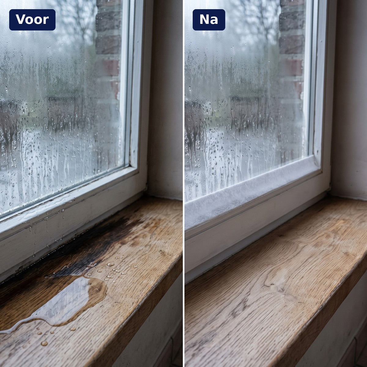 Voor en na: dezelfde vensterbank, eerst nat, met Sorbel droog