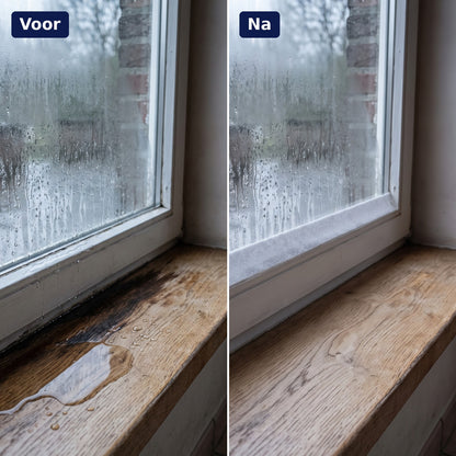 Voor en na: dezelfde vensterbank, eerst nat, met Sorbel droog