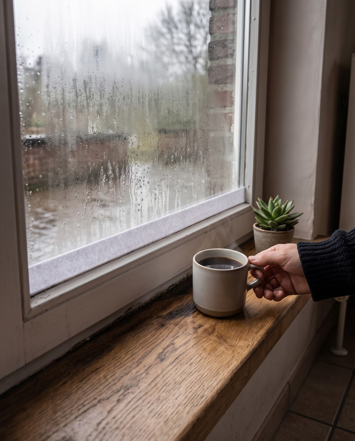Droge vensterbank onder een beslagen raam met Sorbel