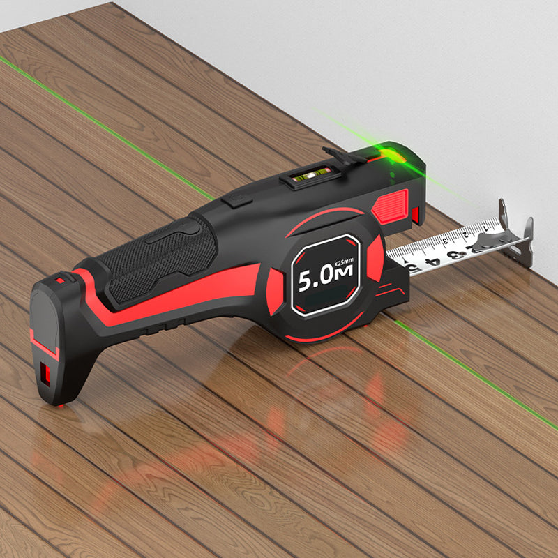 Groene laserlijn over een houten vloer richting de muur