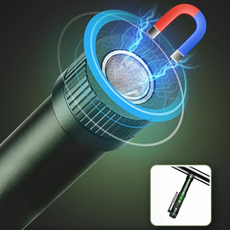 Magneet in de staart van de Kelvo werklamp, lamp hangt onder een metalen plaat
