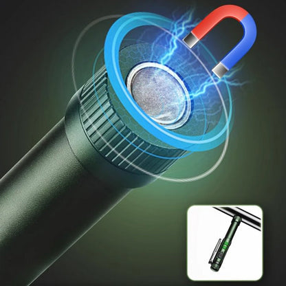 Magneet in de staart van de Kelvo werklamp, lamp hangt onder een metalen plaat