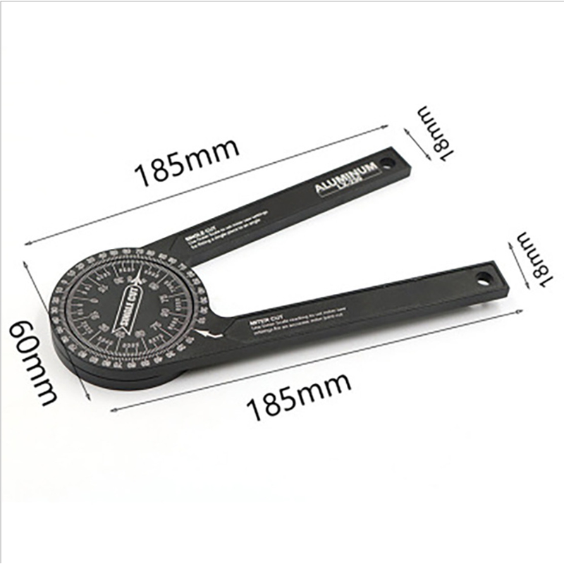 Maten van de Gradia verstekhoekmeter: armen 185 mm, breedte 18 mm, schijf 60 mm