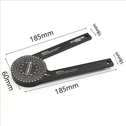 Maten van de Gradia verstekhoekmeter: armen 185 mm, breedte 18 mm, schijf 60 mm