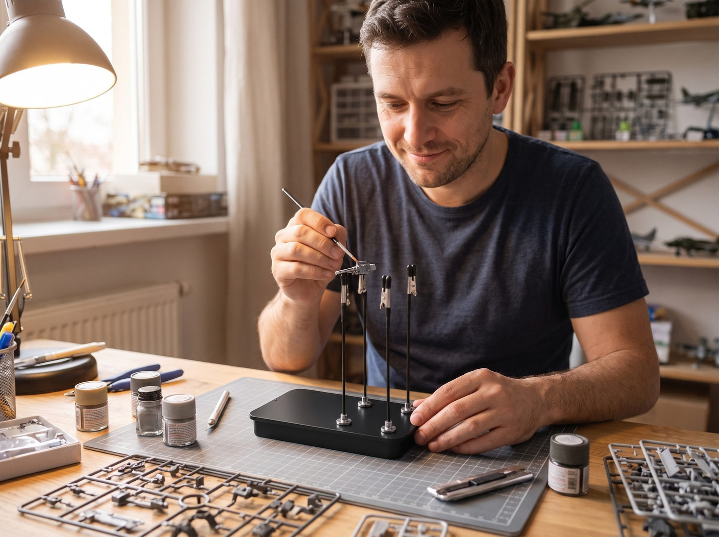 Modelbouwer aan zijn werktafel schildert een onderdeel dat in de Terza klemhouder staat