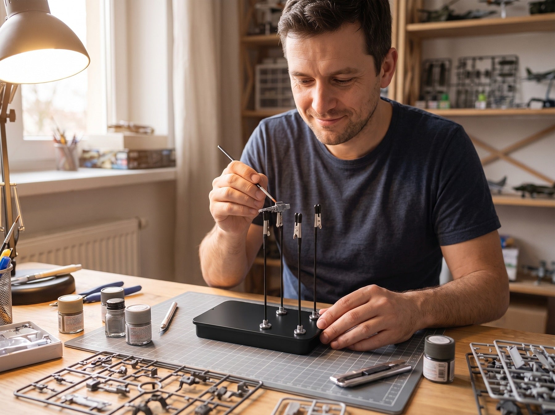 Modelbouwer aan zijn werktafel schildert een onderdeel dat in de Terza klemhouder staat