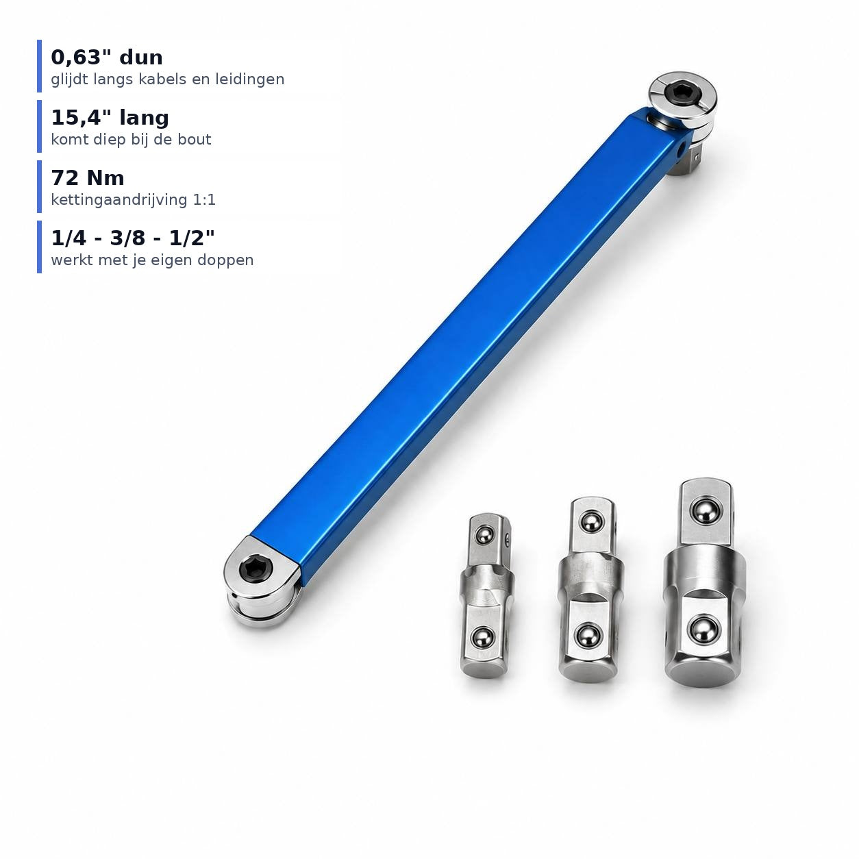 Torvex specificaties: 0,63 inch dun, 15,4 inch lang, 72 Nm, 1/4 3/8 1/2 inch doppen