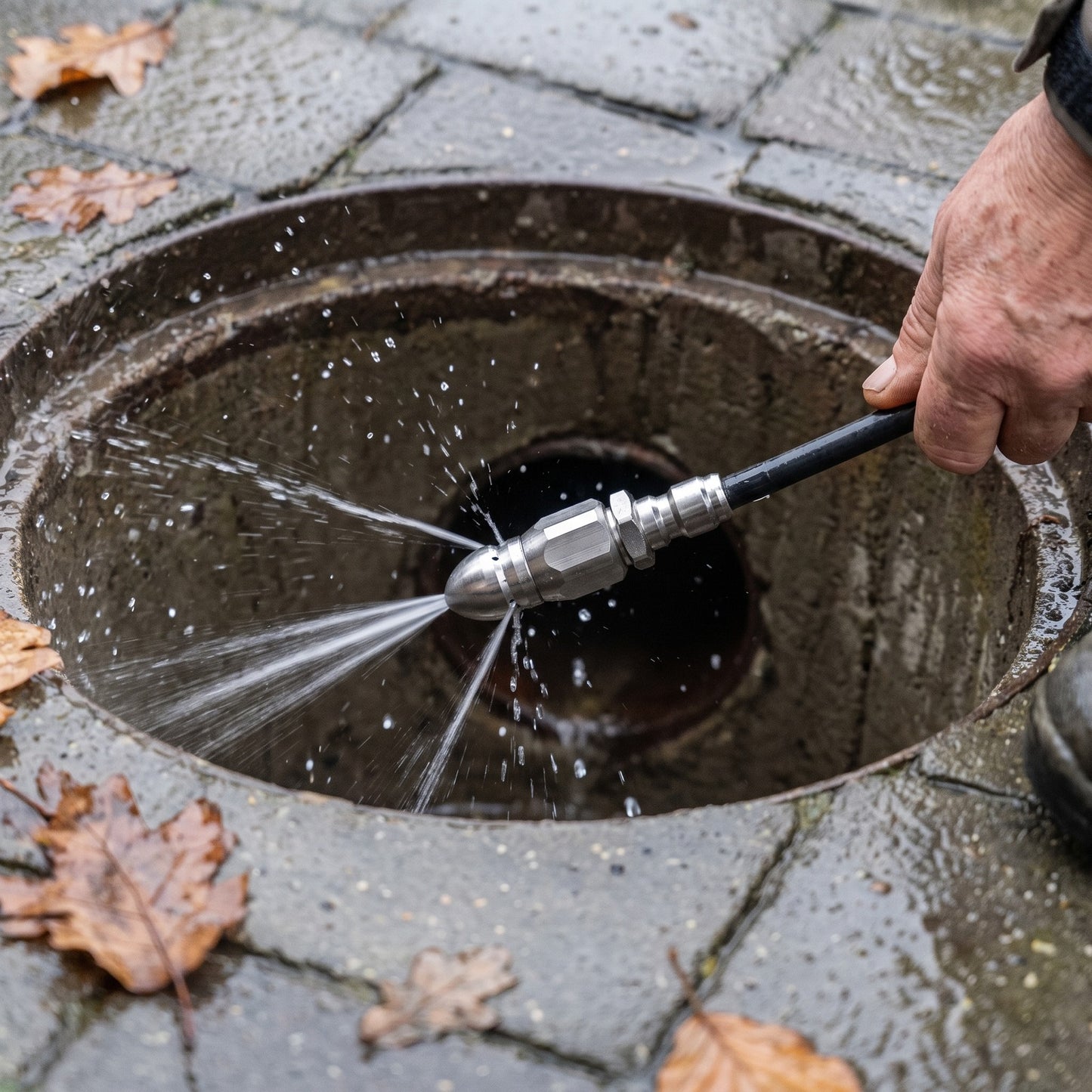 Undra spuitkop op de jetslang spuit in een buitenput, hand van de gebruiker in beeld