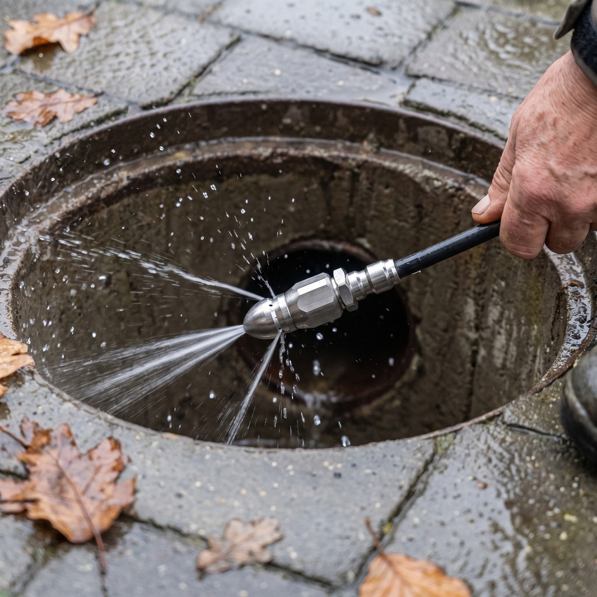 Undra spuitkop op de jetslang spuit in een buitenput, hand van de gebruiker in beeld