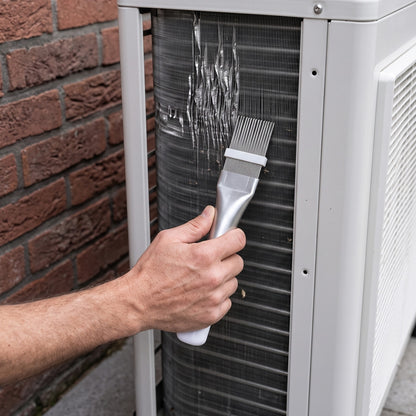 De lamellenkam aan een warmtepomp-buitenunit tegen de gevel