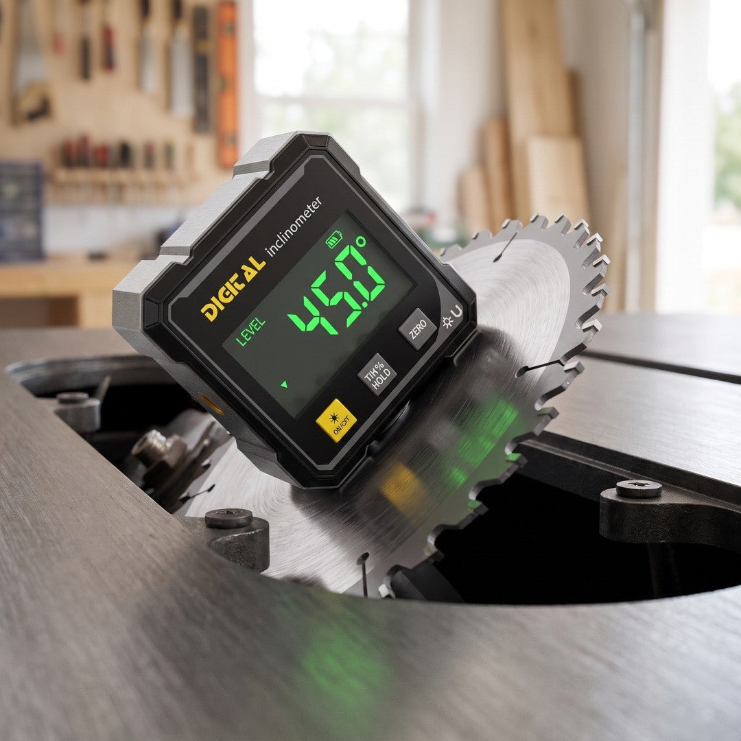 Verax digitale hoekmeter magnetisch op het blad van een tafelzaag, scherm op 45,0 graden