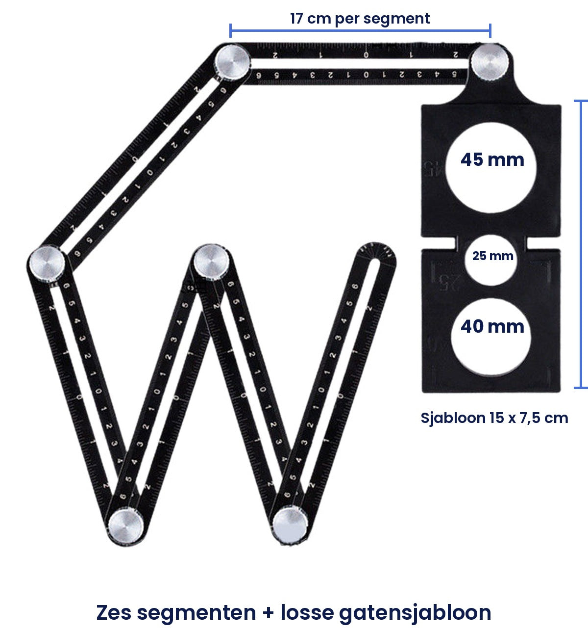Maten: segment 17 cm, sjabloon 15 bij 7,5 cm, openingen van 45, 25 en 40 mm